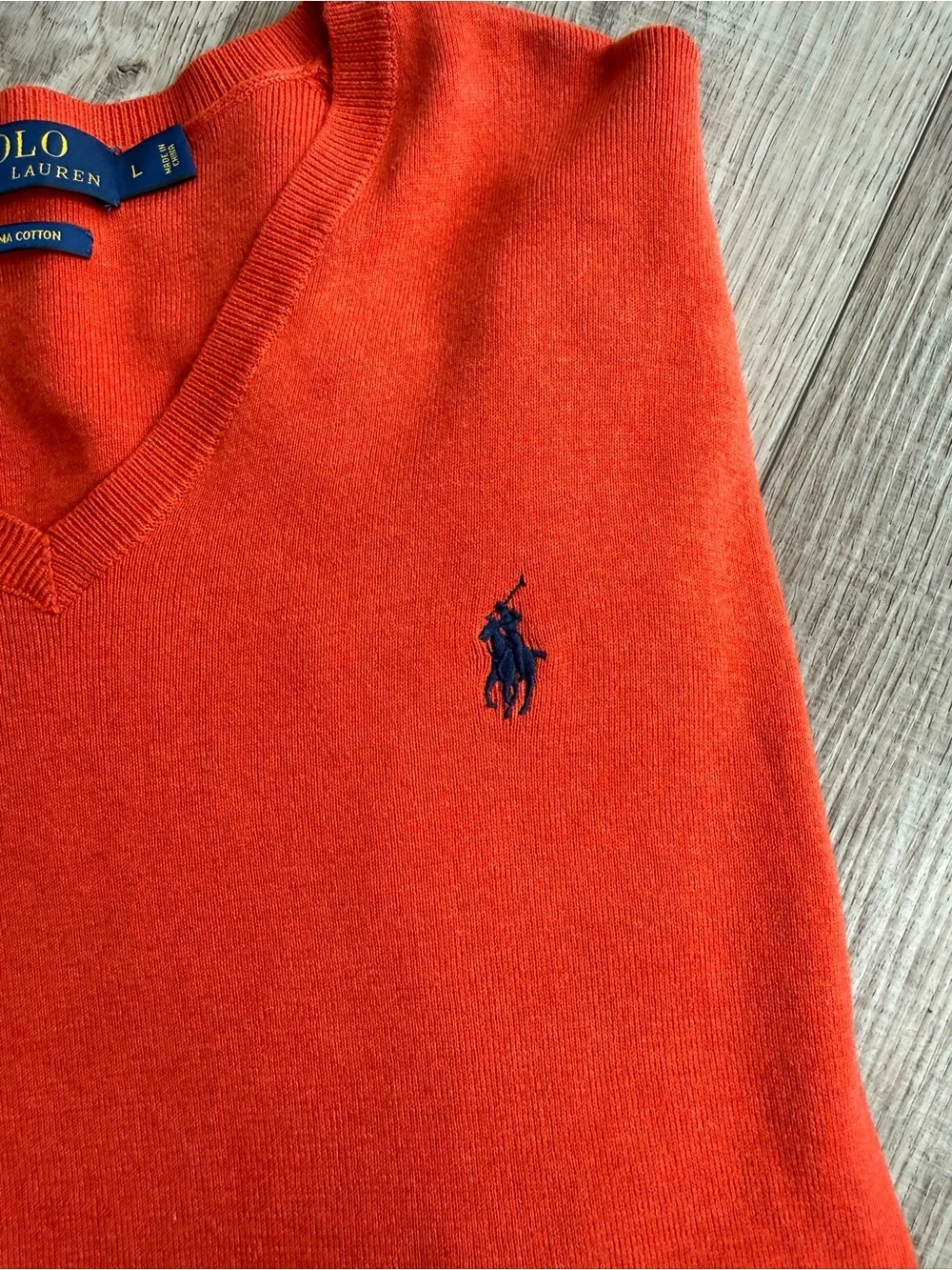 Polo by Ralph Lauren Men's V-Neck Sweater in Bright Orange with Navy Logo